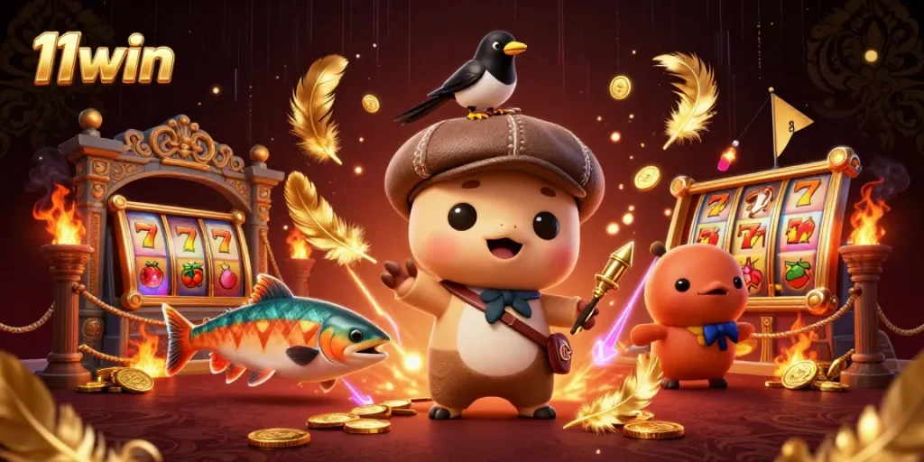 Play 11win with colorful characters and slot elements in an enchanting 3D casino scene.