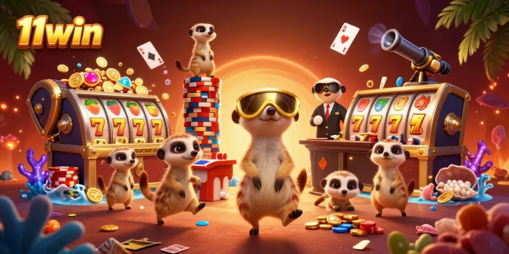 Meerkats managing an exciting casino at 11win, surrounded by slot reels and sparkling treasures.