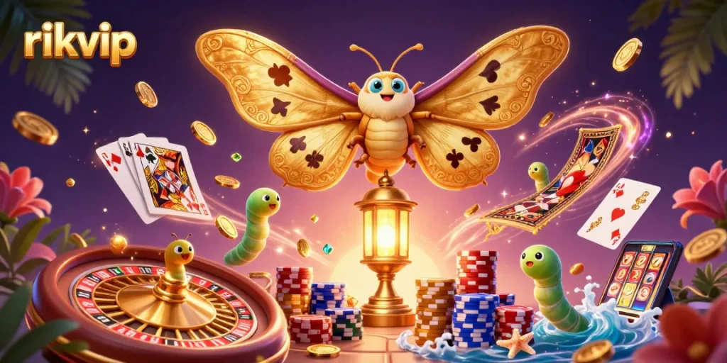 Experience thrilling gameplay with rikvip as golden coins cascade in this vibrant casino scene.
