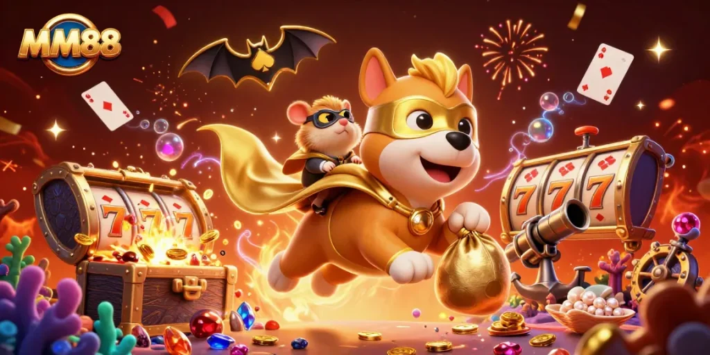 MM88 superhero dog and sidekick adventure through casino treasures in a vibrant 3D illustration.