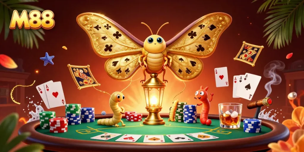 M88 offers thrilling poker action with colorful cards and chips in an immersive casino scene.