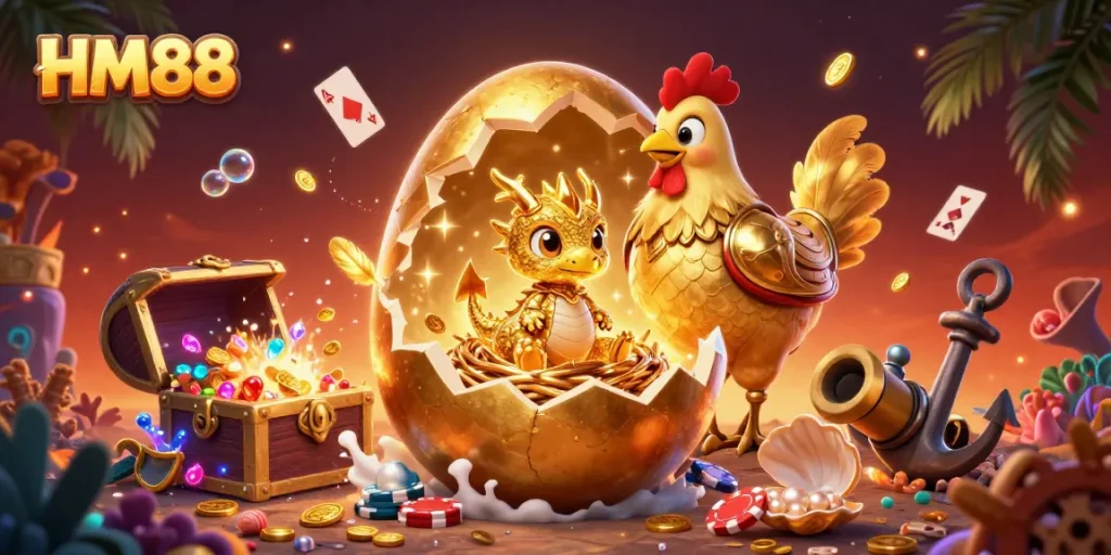 Experience HM88's excitement with a golden dragon and poker chips in a vibrant casino scene.