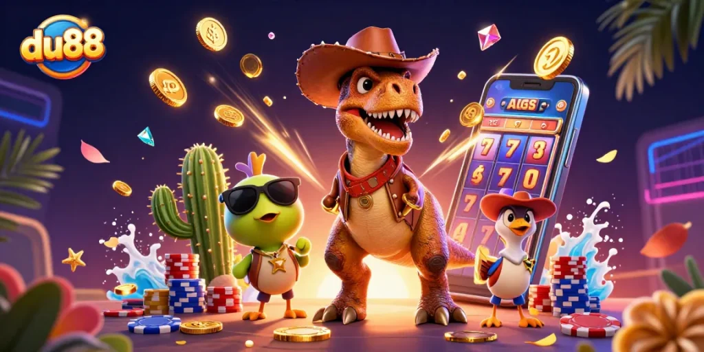 Engage in thrilling casino action with du88, featuring a T-Rex and friends surrounded by exciting gaming elements.