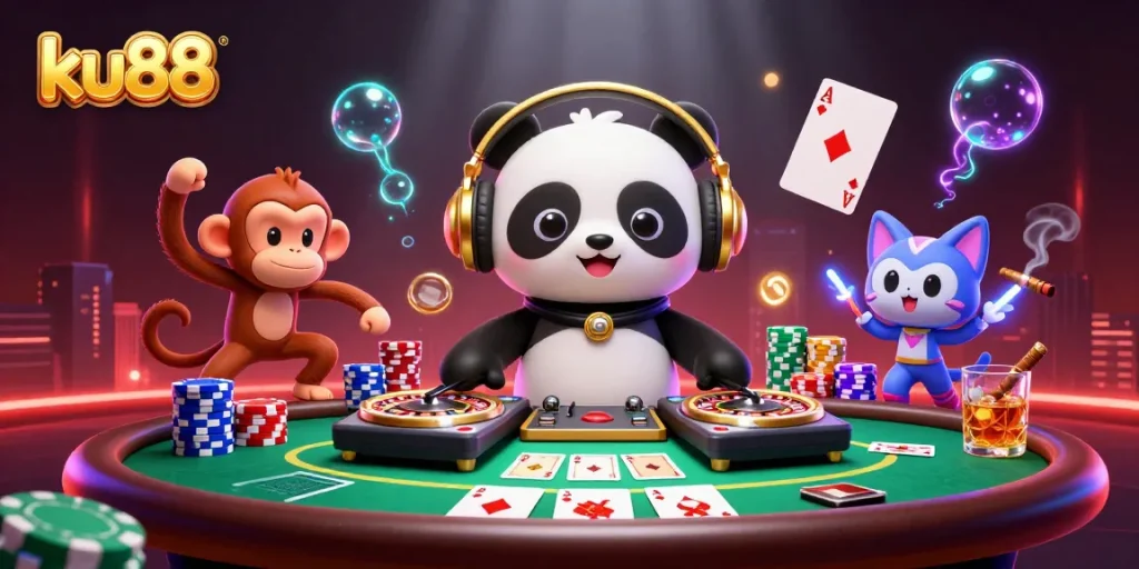 Experience the thrill of ku88 with a vibrant casino illustration featuring a DJ panda, dancing monkey, and rave kitten.