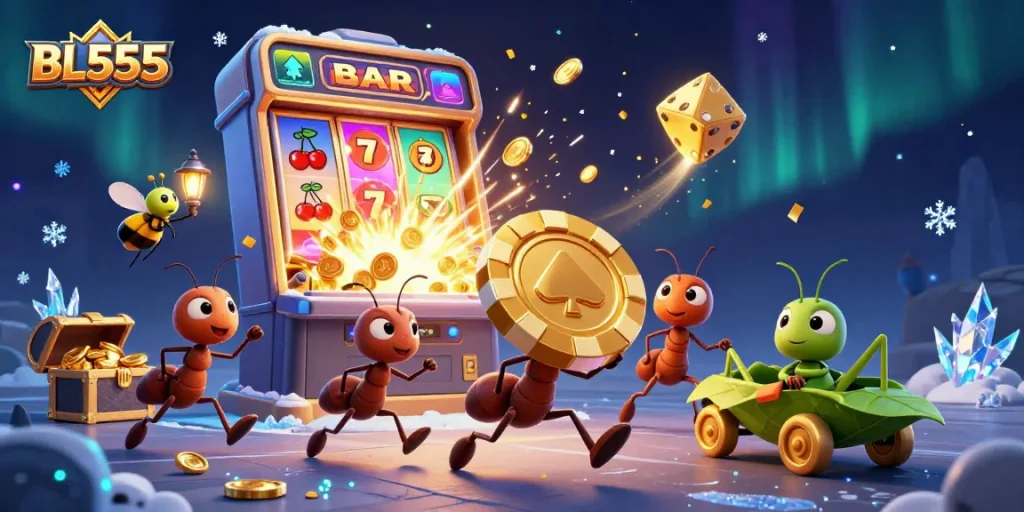 Join the adventure at BL555 as ants pull off a heist with a giant poker chip amidst casino excitement.