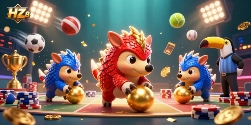 Engage in thrilling gameplay at HZ88 while rolling golden balls and navigating poker chips.