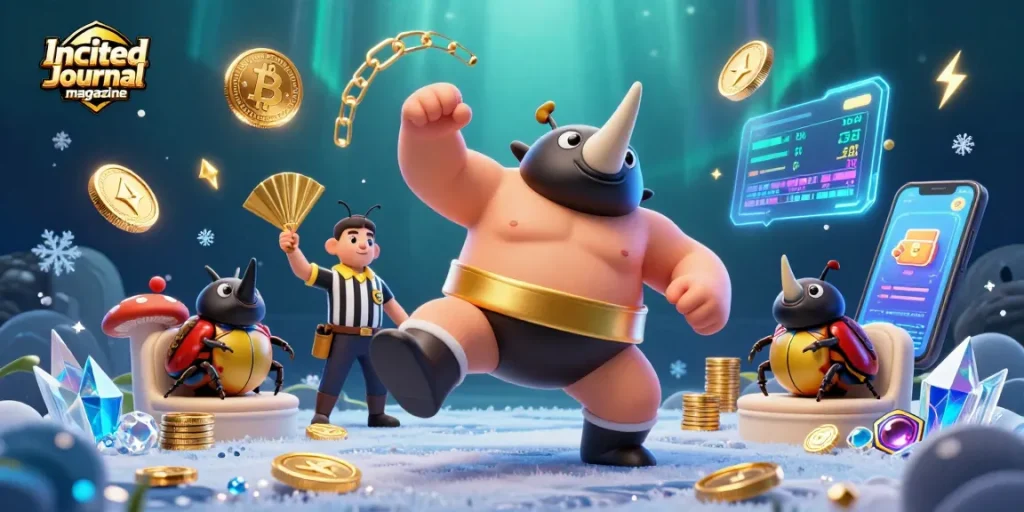 Engaging scene depicting Incited Journal magazine in a dynamic casino setting with cartoon characters and cryptocurrency elements.