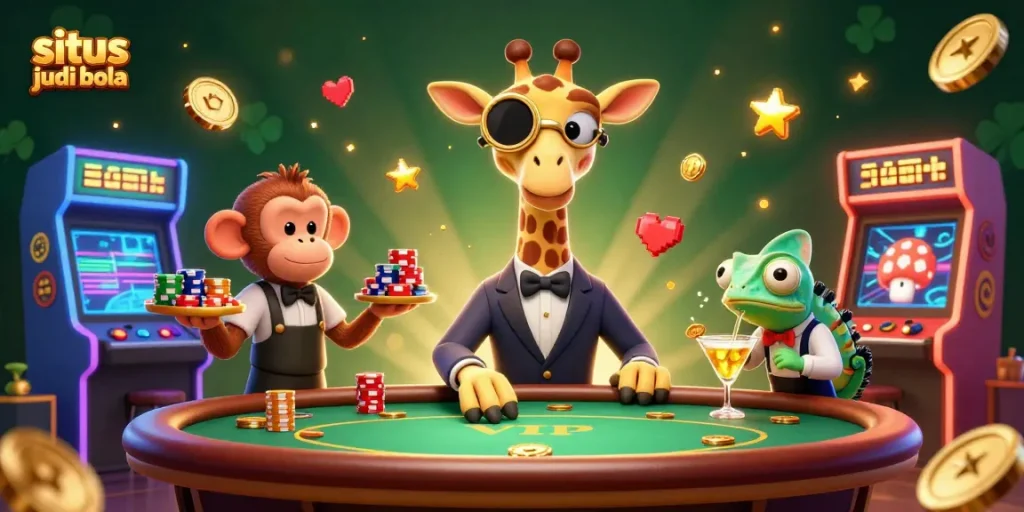Experience the excitement of situs judi bola with a high-roller giraffe and vibrant casino elements.