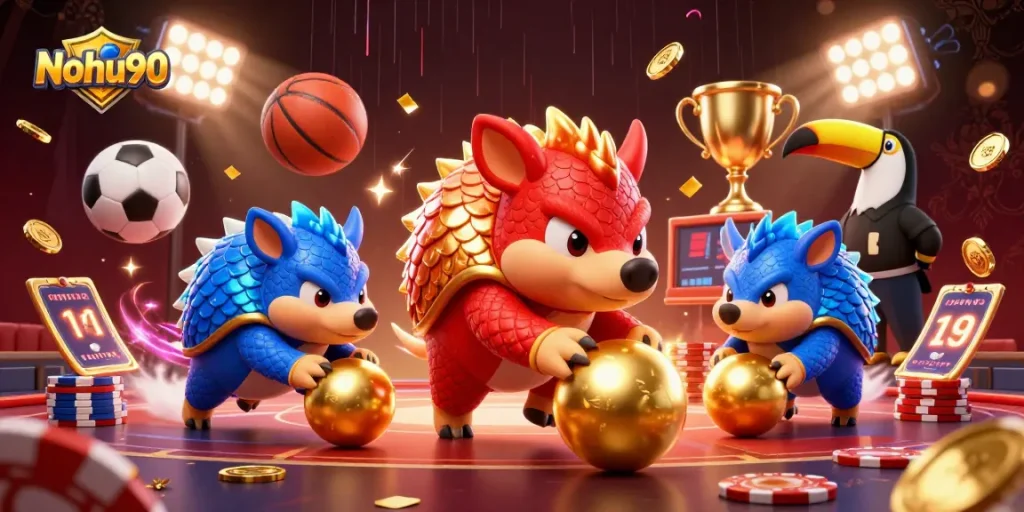 Nohu90 offers thrilling gameplay as rival pangolins compete for chips in a dynamic casino scene.