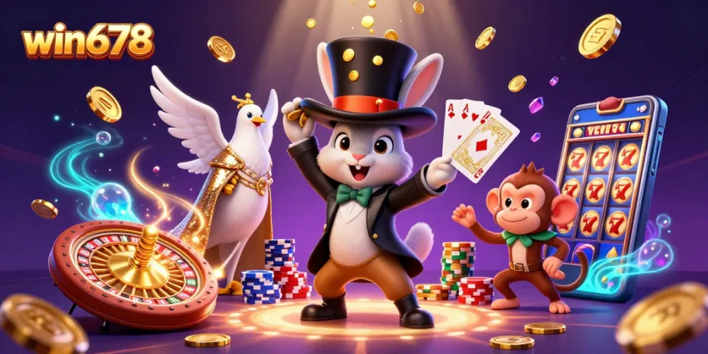 Play with win678's vibrant casino scene featuring slots, magical characters and sparkling coins.