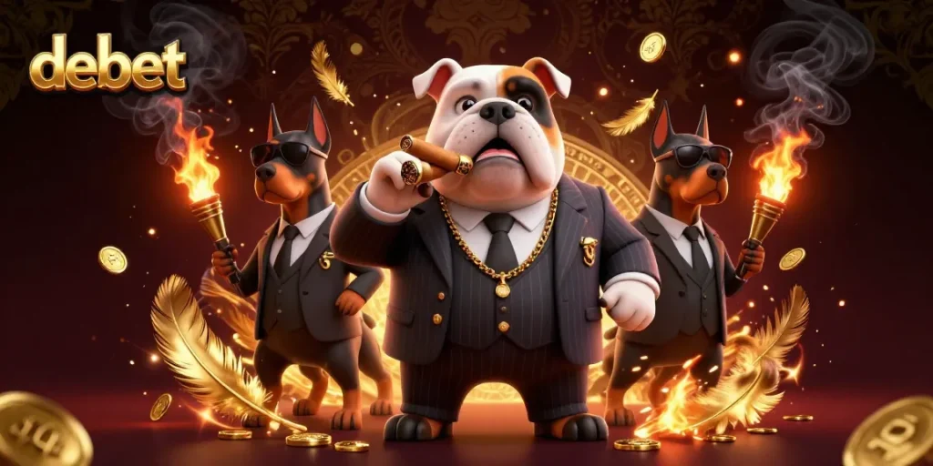 Experience the thrill of debet gaming with a mafia boss bulldog surrounded by gold coins and betting tokens.