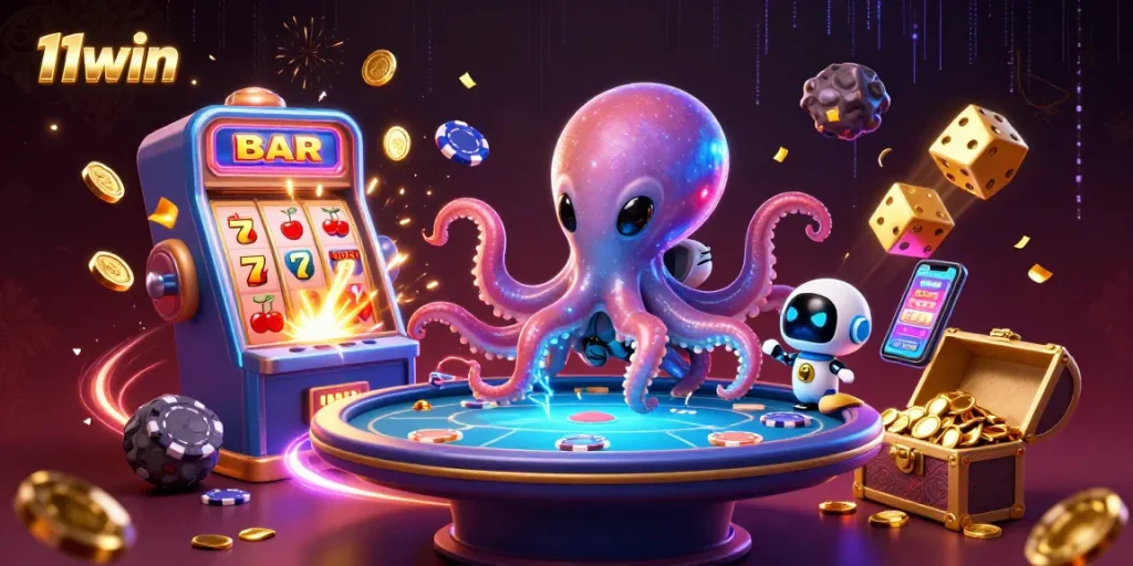 Join the excitement at 11win with alien octopus and jackpot wins at this vibrant casino scene.