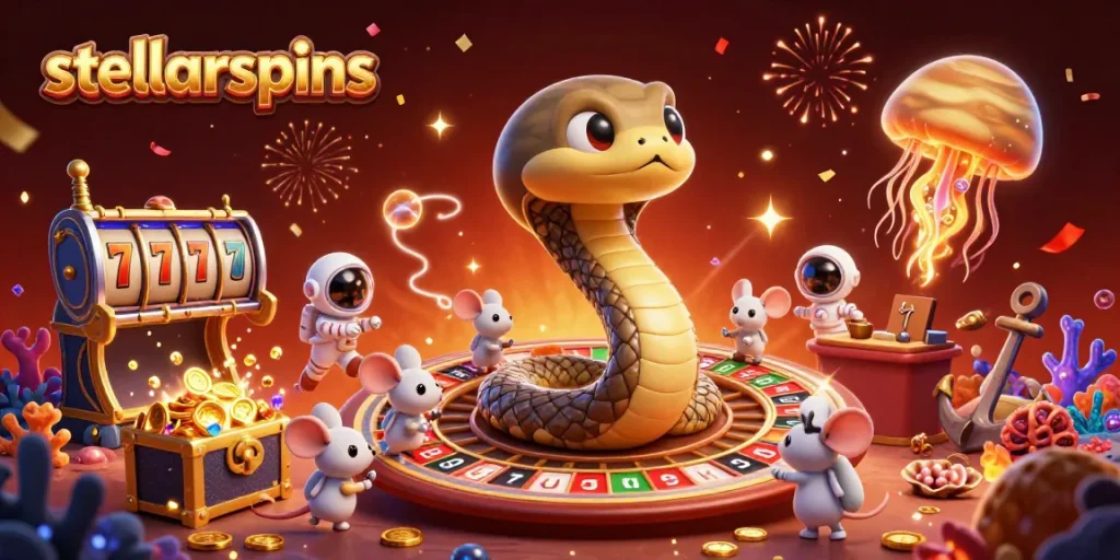 Spin the stellarspins roulette with astronaut mice and a cosmic dealer in an energetic 3D casino scene.