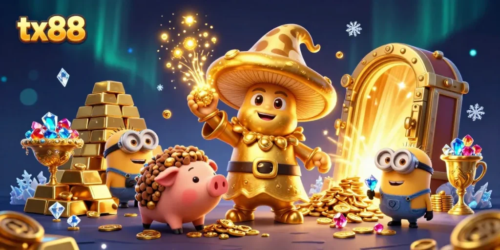 tx88 offers thrilling golden rewards in an enchanting casino scene with magical elements.
