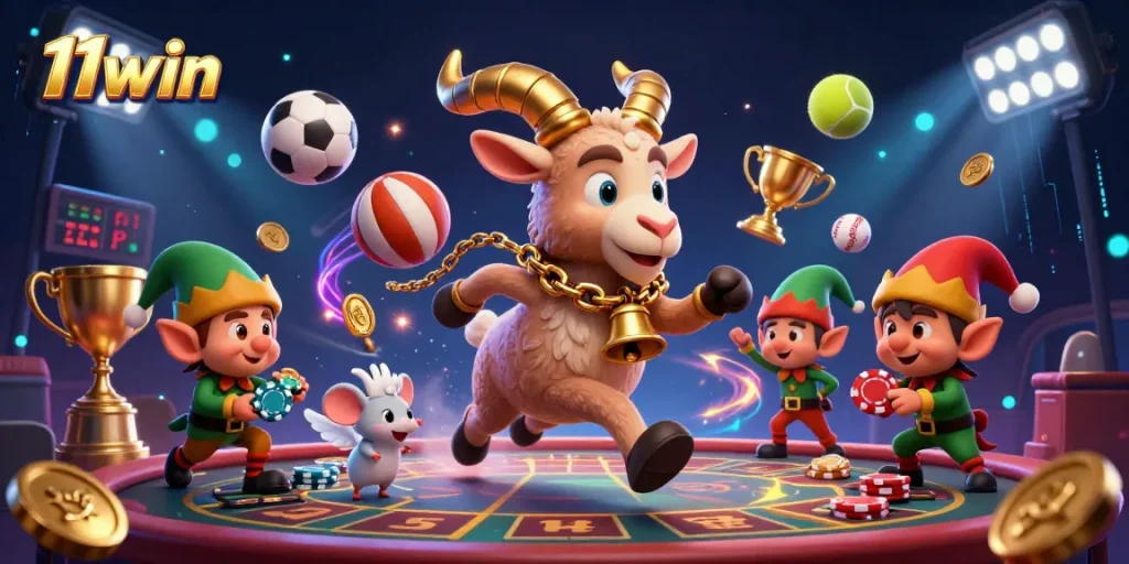 Capture the thrill at 11win with a Krampus goat overseeing festive chaos in a holiday casino.