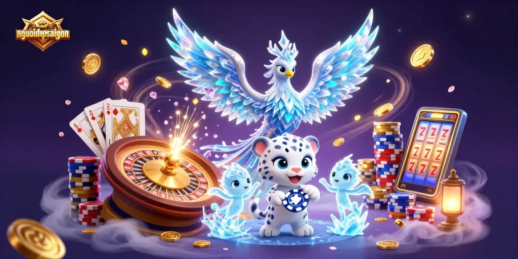 Engage in thrilling casino action at nguoidepsaigon with a dynamic 3D scene featuring an ice phoenix and poker elements.
