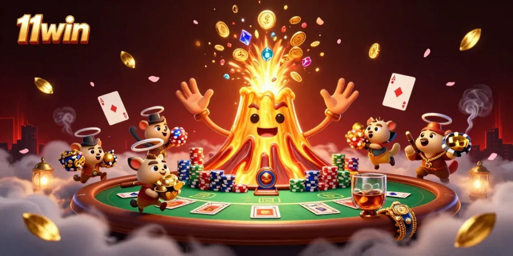 Experience thrilling wins at 11win with a vibrant 3D casino scene filled with treasures.