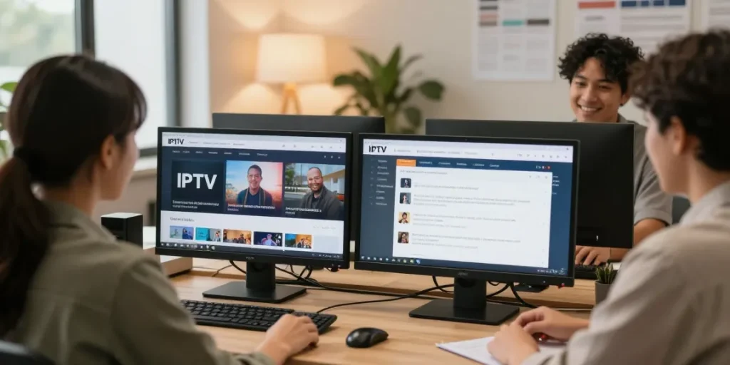 IPTV reseller consulting with a customer in a local business, discussing trusted subscription services.
