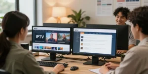 IPTV reseller consulting with a customer in a local business, discussing trusted subscription services.