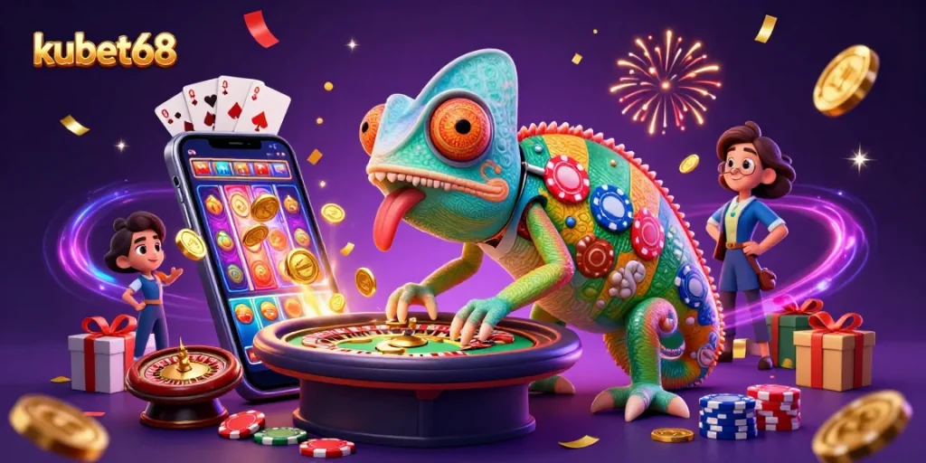 Experience exciting gameplay adventures with kubet68's colorful casino scene featuring a dynamic cartoon chameleon.