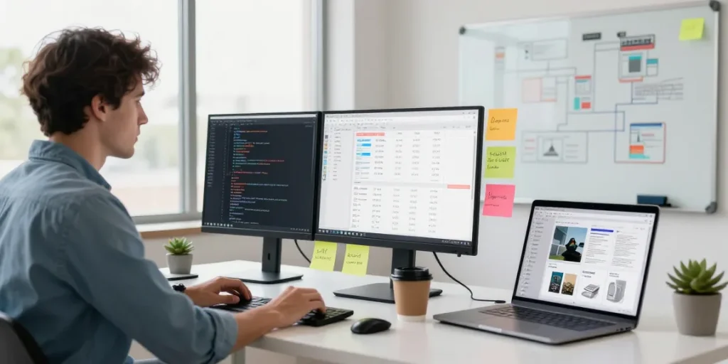 Build internal tools with AI: developer engaged in software creation at a modern workspace with coding displays.