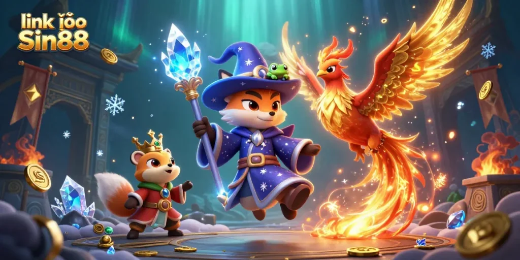 Engage with link vào Sin88 in a vibrant casino fantasy with mystical characters and treasures.