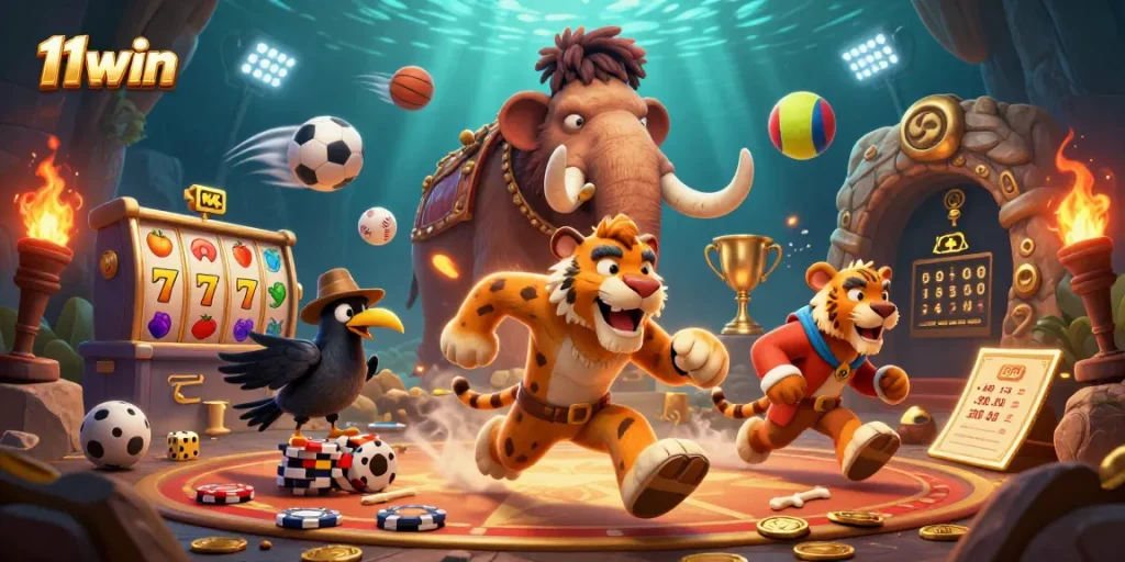 Experience thrilling casino action at 11win with caveman and sabertooth in dynamic prehistoric scene.