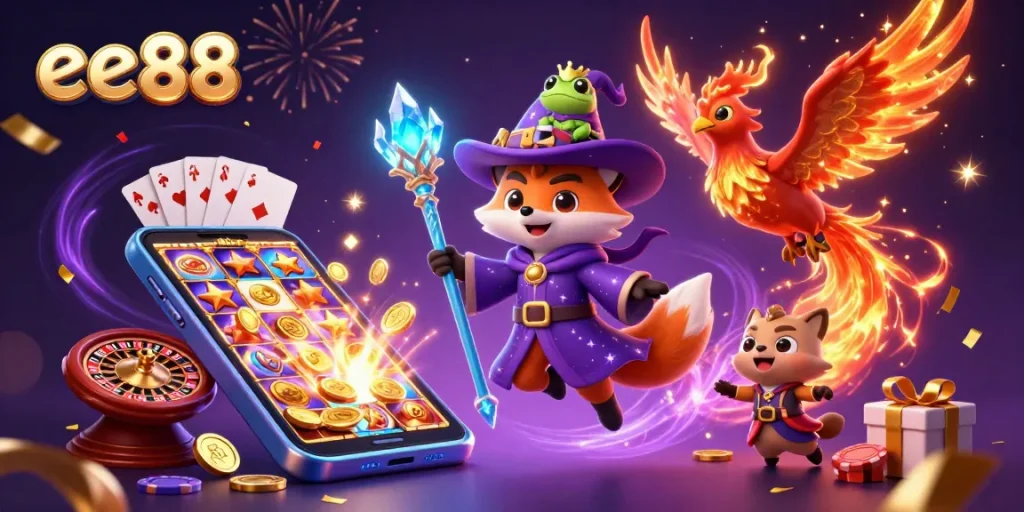 Experience thrilling gaming with ee88's mystical characters and vibrant casino elements.