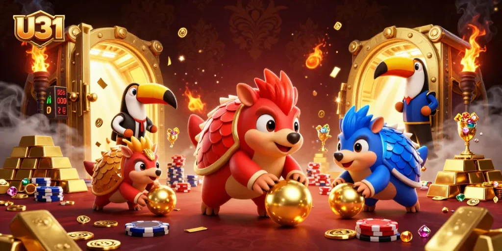Experience exciting U31 action with rival pangolins bowling through poker chips in a vibrant casino scene.