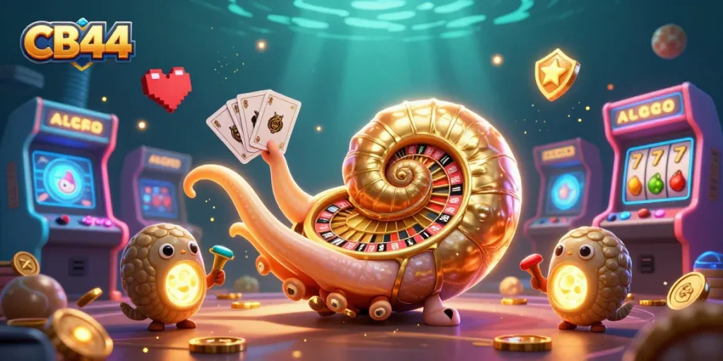 Experience exciting games at CB44 with a vibrant 3D illustration of a nautilus roulette and glowing gaming elements.