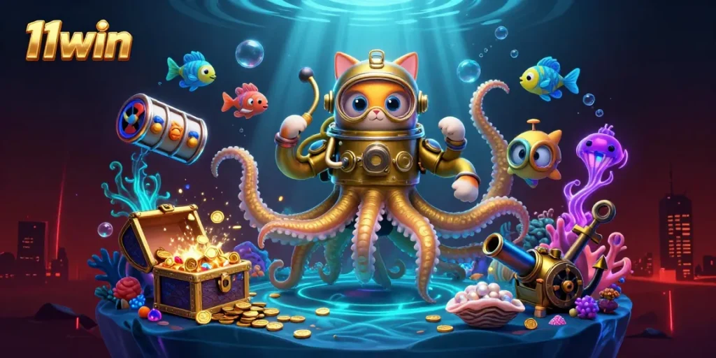 Experience thrilling wins at 11win with a vivid scene featuring a kraken and treasure around iconic casino elements.