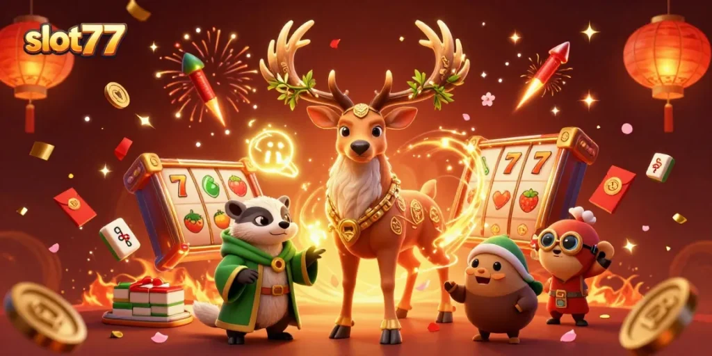 Spin for wins with slot777 in a vibrant, dynamic 3D casino scene filled with luck symbols.
