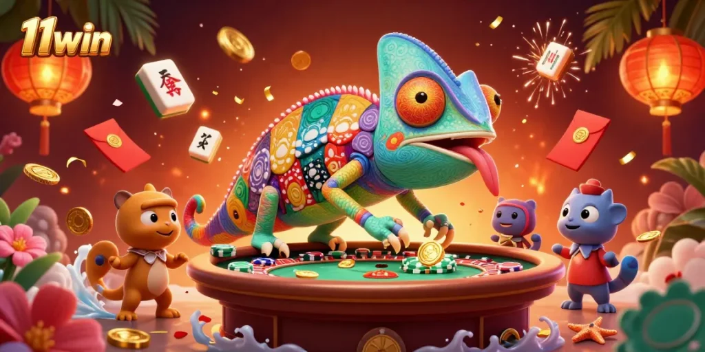Engage with 11win's vibrant casino scene showcasing a chameleon owner amidst dynamic games and festive decorations.
