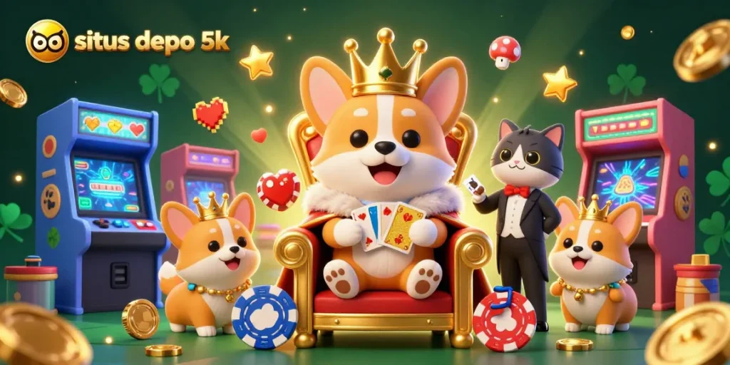 Engage with situs depo 5k in this vibrant 3D casino illustration showcasing playful characters and gaming elements.
