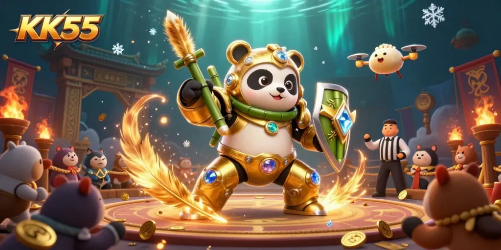 Engage in thrilling gameplay at KK55 with a dynamic cartoon scene of a mech-suit panda in a vibrant gambling arena.
