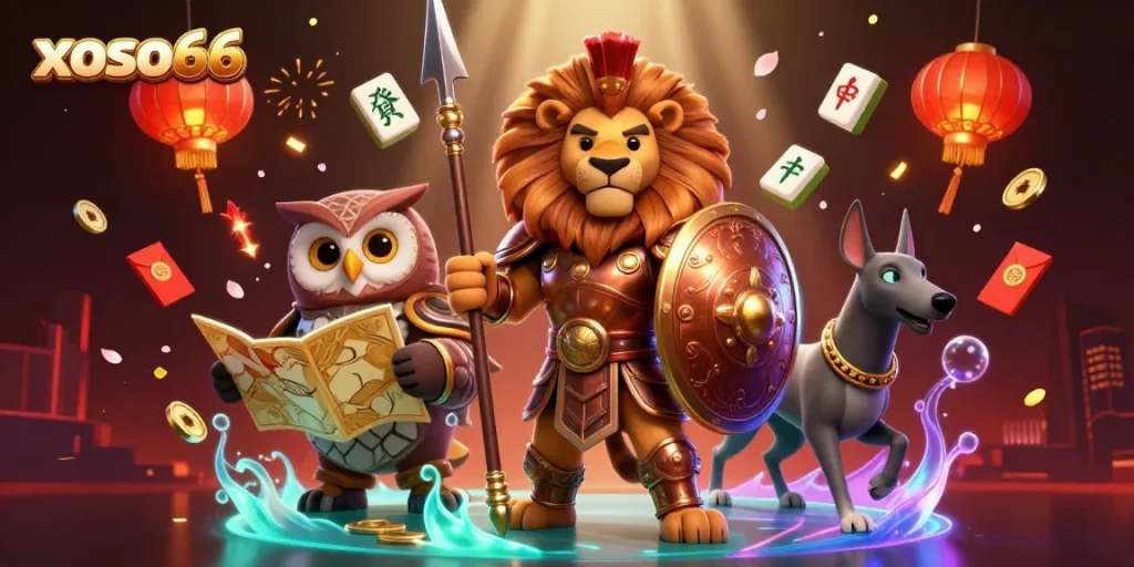 xoso66 captures thrilling gambling adventures with a Spartan lion, tactical owl, and greyhound in a dynamic casino scene.