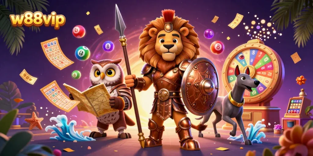 Experience thrilling games with w88vip's vibrant 3D casino illustration featuring luck and strategy.