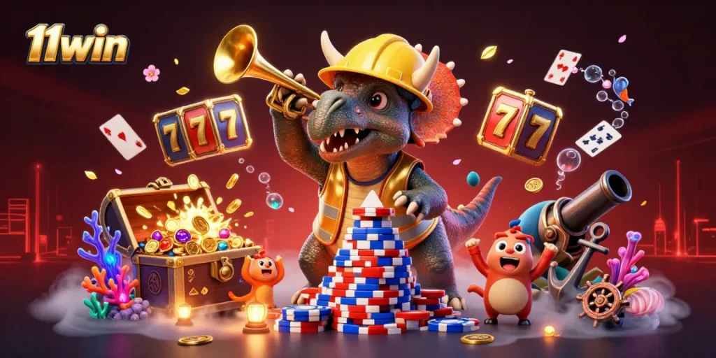 11win showcases a vibrant casino scene with a triceratops celebrating poker triumphs amid floating slot reels.
