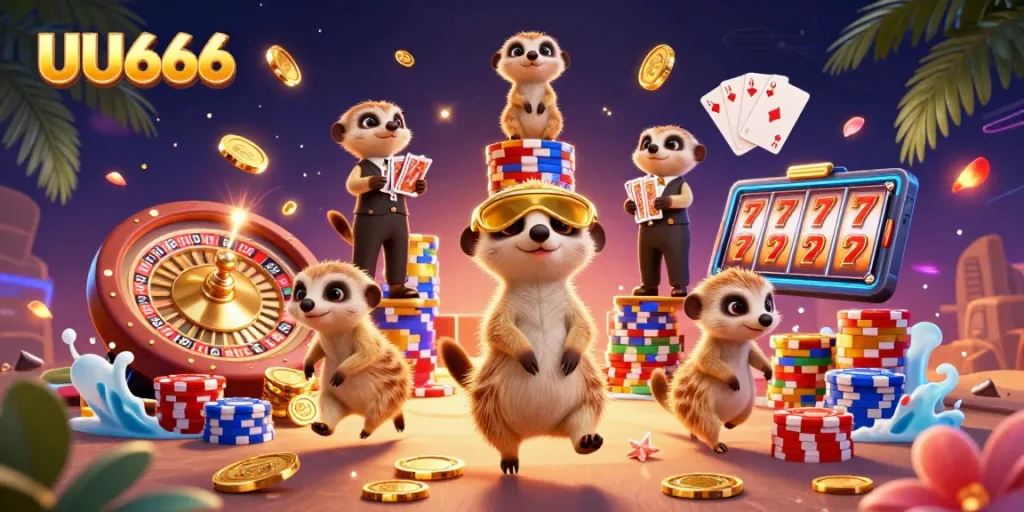 Engage with UU666 at a vibrant casino scene featuring meerkats operating games and scattering chips.