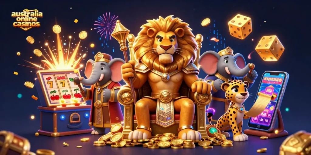 Experience the thrill of australia online casinos with a vibrant 3D illustration featuring a king, advisor, and messenger amid casino elements.
