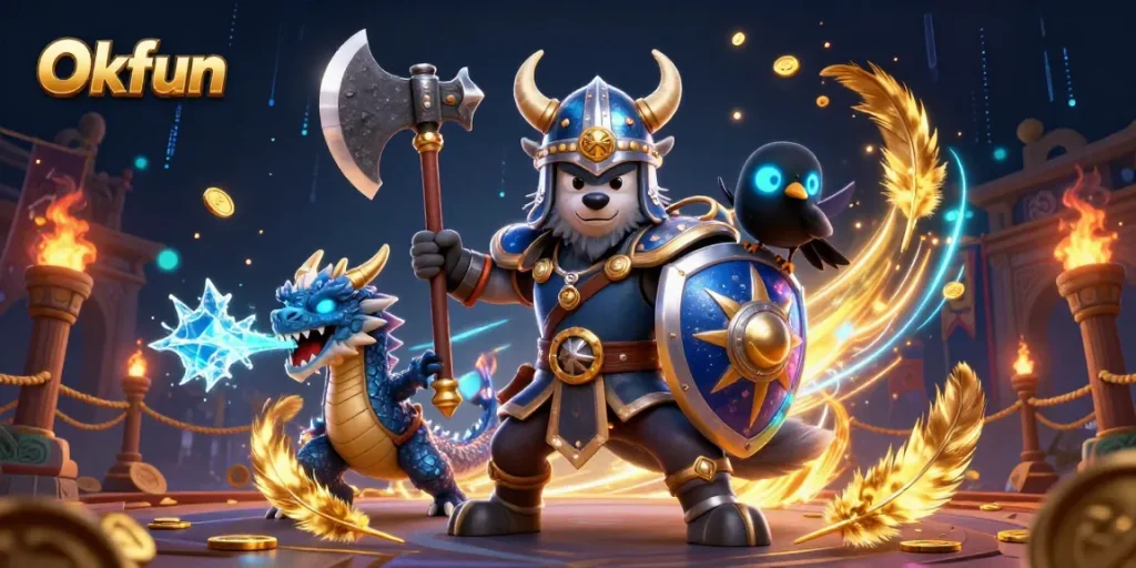 Experience thrilling gaming at Okfun with a Viking warrior and dragon amidst vibrant casino action.