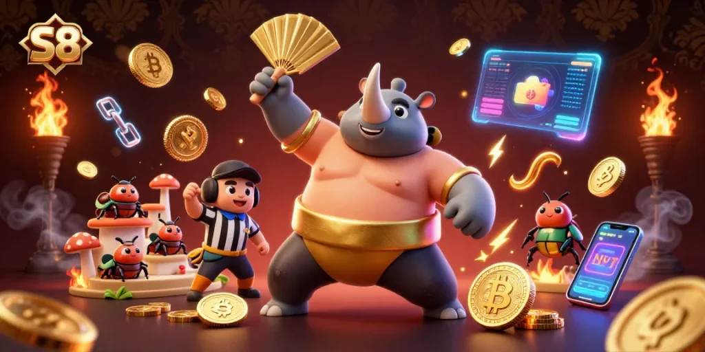 S8 gamers enjoy a vibrant casino scene with a sumo champion beetle and flying coins