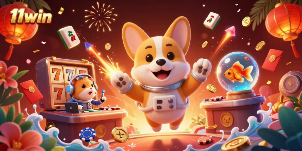 Experience thrilling games at 11win with a vibrant 3D space casino illustration featuring unique characters.